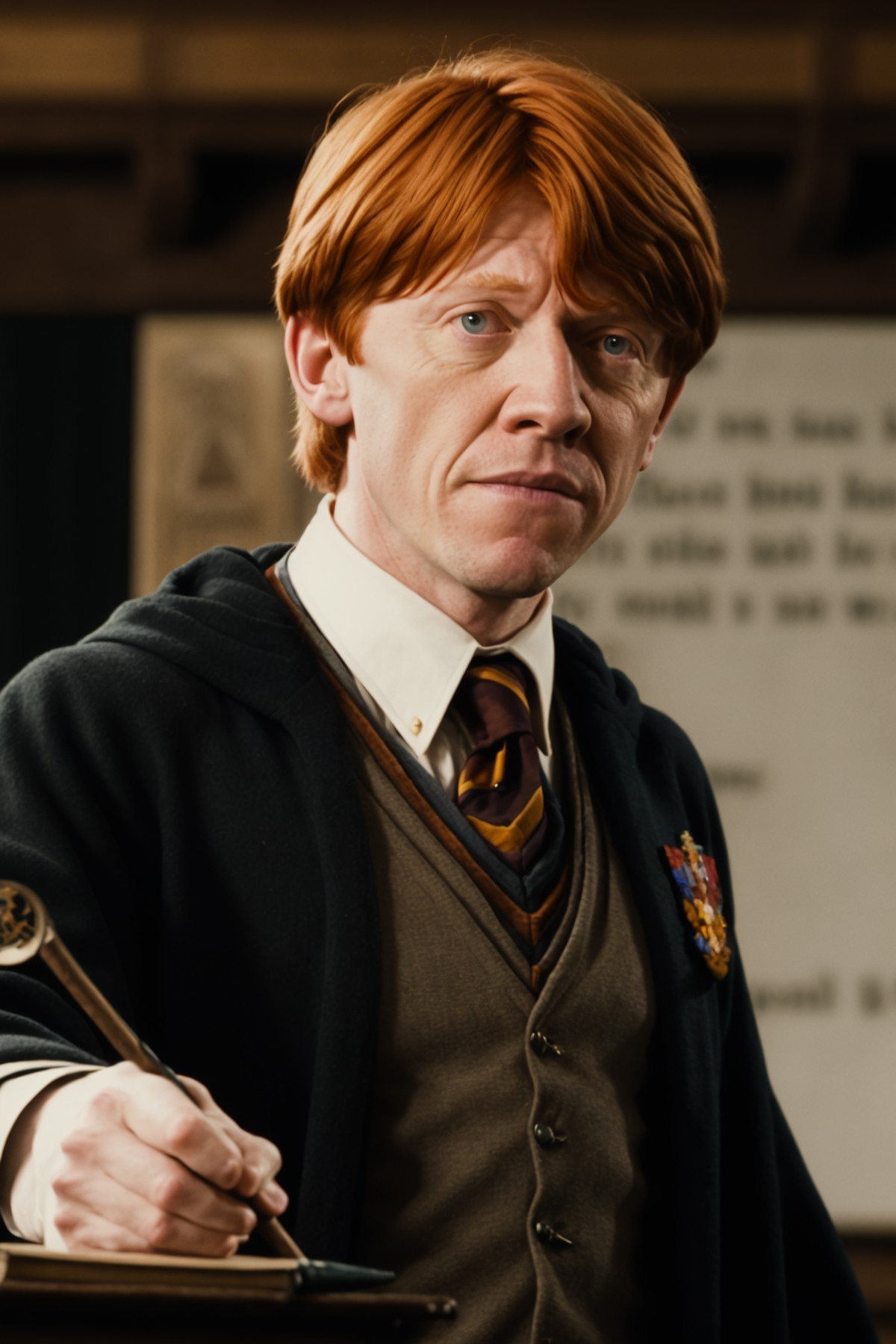 portrait of ron weasley, professor at hogwarts wizard school standing in front of class <lora:fongletsRonWeasley_v1:0.5>